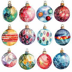 Watercolor colorful hand-painted Christmas balls, decorated in the form of a grid, with various drawings and details of it on a white background.