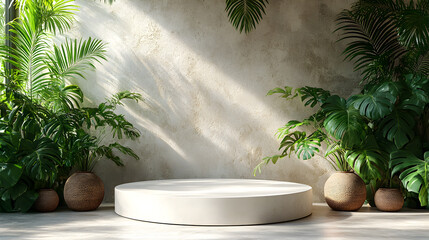 A podium surrounded by plants