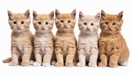 Five orange kittens standing in a row on a white background.