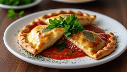 Delicious Golden Empadas with Tomato Sauce and Fresh Herbs on Elegant White Plate