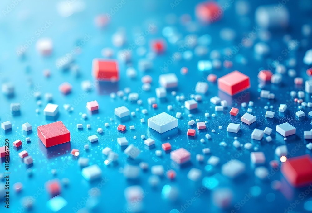 Poster red and blue cubes scattered on blue surface with soft focus bokeh effect. abstract macro compositio