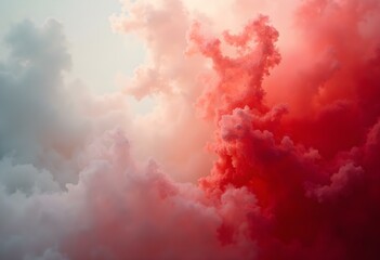 Naklejka premium Dramatic red and white clouds in sunset sky. Ethereal atmospheric cloudscape with vibrant crimson colors. Natural phenomenon background for creative projects with copy space