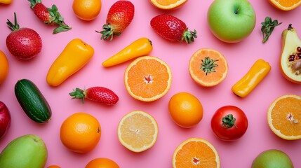 Tropical fruits and vegetables on pastel background
