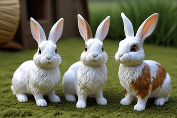 Obraz premium there are three white and brown rabbits sitting on a green surface