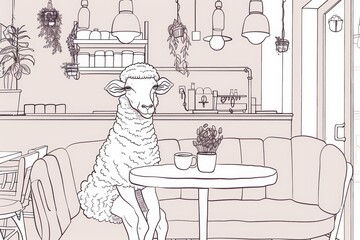 Sheep enjoying coffee in a cozy café