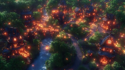 Fototapeta premium Enchanting village at night, illuminated houses, river.