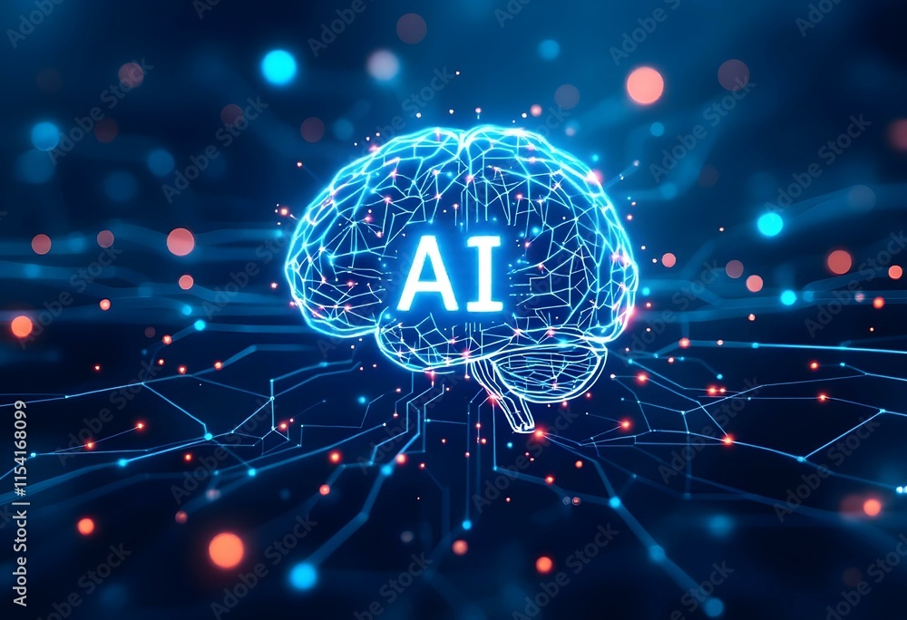 Poster glowing blue artificial intelligence brain with neural network connections on dark background. digit