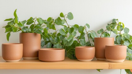 Fototapeta premium Artisanal mocha mousse pottery set with greenery cozy interior home decor natural aesthetic top view