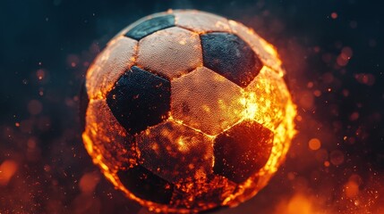 A fiery soccer ball illuminated against a dark background, showcasing dynamic energy and vibrant colors.