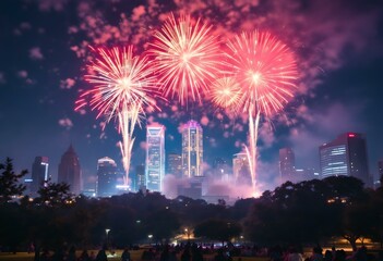 Festive fireworks display over modern city skyline at night. Downtown skyscrapers illuminated with bright lights during celebration. Urban entertainment and holiday celebration view