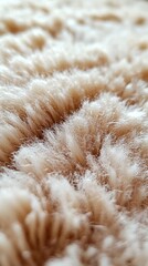 Close up view of soft beige faux fur, luxurious texture and cozy warmth