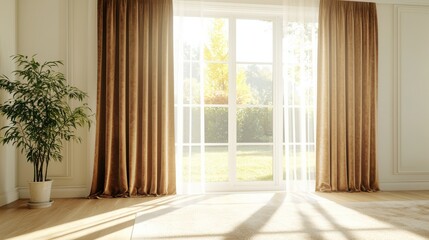 Fototapeta premium Elegant mocha mousse velvet curtains framing bright window in modern living room cozy atmosphere with natural light