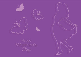 Lilac banner for March 8 with silhouette of girl and butterflies