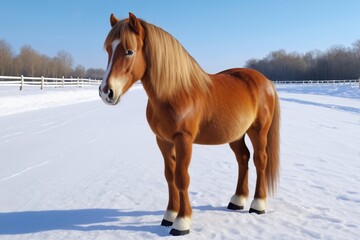Fototapeta premium there is a brown horse standing in the snow in a fenced in area