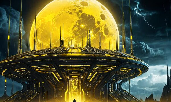 A lone figure stands before a colossal futuristic structure under a gigantic yellow moon, a dramatic scene of science fiction wonder.