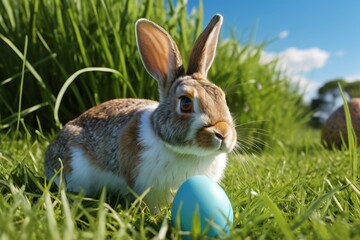 there is a rabbit that is sitting in the grass with a blue egg