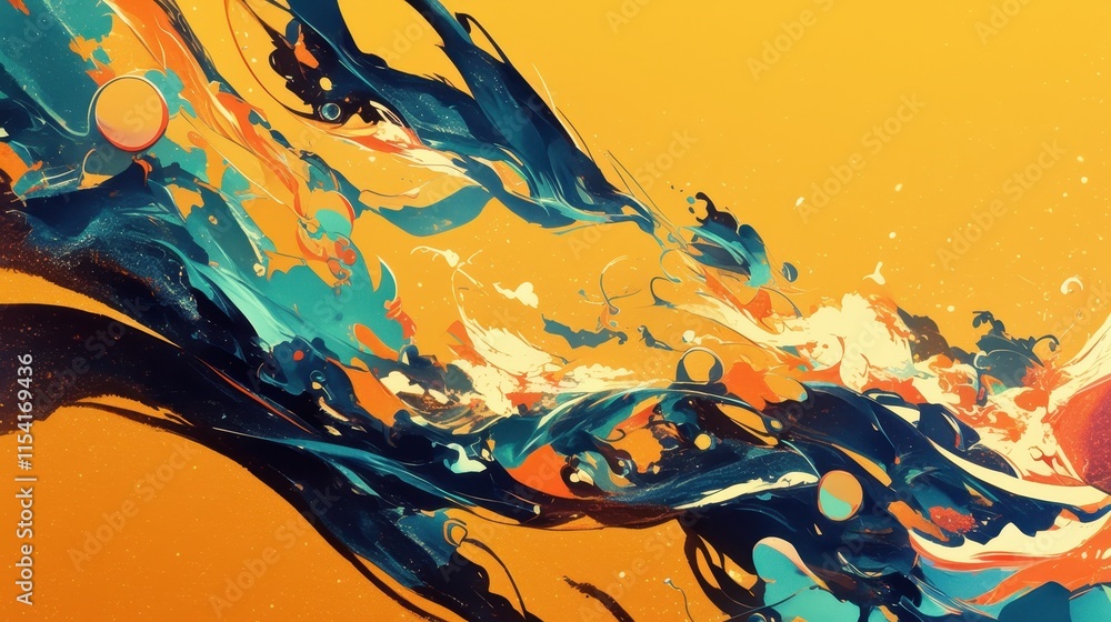 Poster abstract colorful waves with dynamic shapes on a bright orange background.