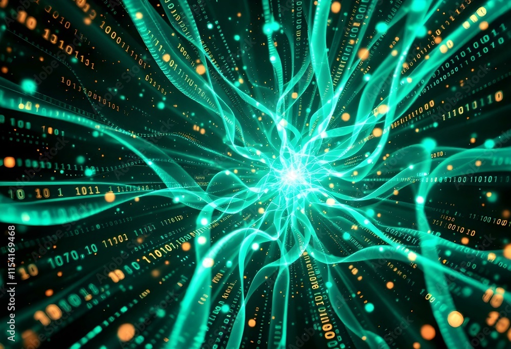 Poster bright turquoise digital explosion with light streaks. abstract technology background with glowing e