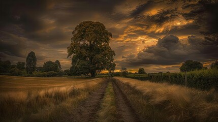 Obraz premium Solitary tree in field at sunset, dramatic sky.