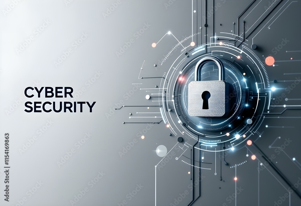 Poster digital padlock with cyber security text on gray background. technology protection system concept. n