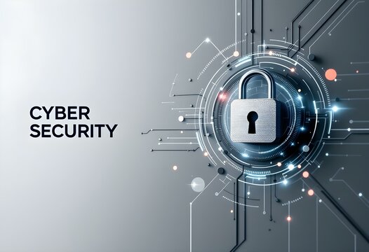 Digital padlock with cyber security text on gray background. Technology protection system concept. Network safety, data defense visualization for business presentation