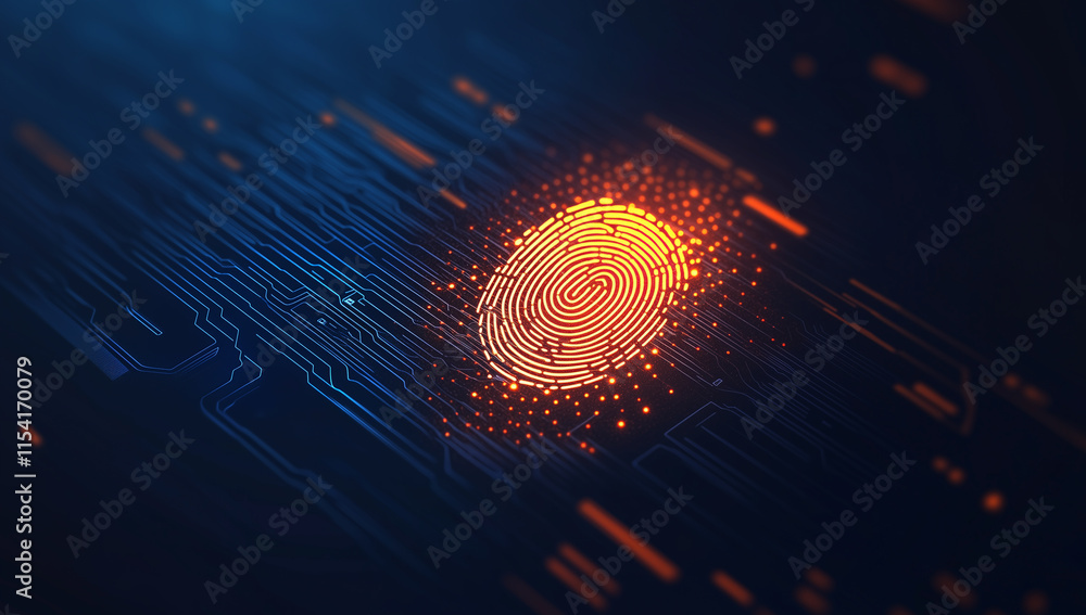 Poster a close-up of a biometric fingerprint is captured in the center, surrounded by glowing orange lines 