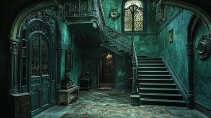 Grand, eerie green mansion interior with staircase, ornate doors, and gothic details.