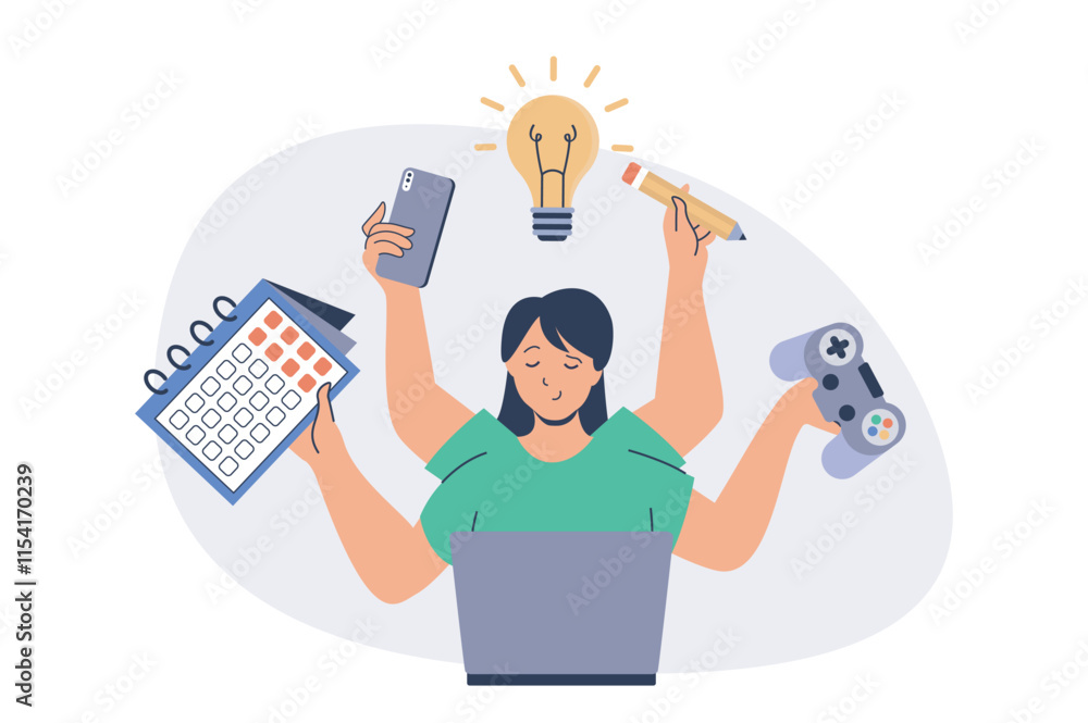 Poster multitasking web concept with flat cartoon people for website design. woman with many arms doing dif