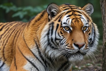 Naklejka premium there is a tiger that is standing in the woods looking at the camera