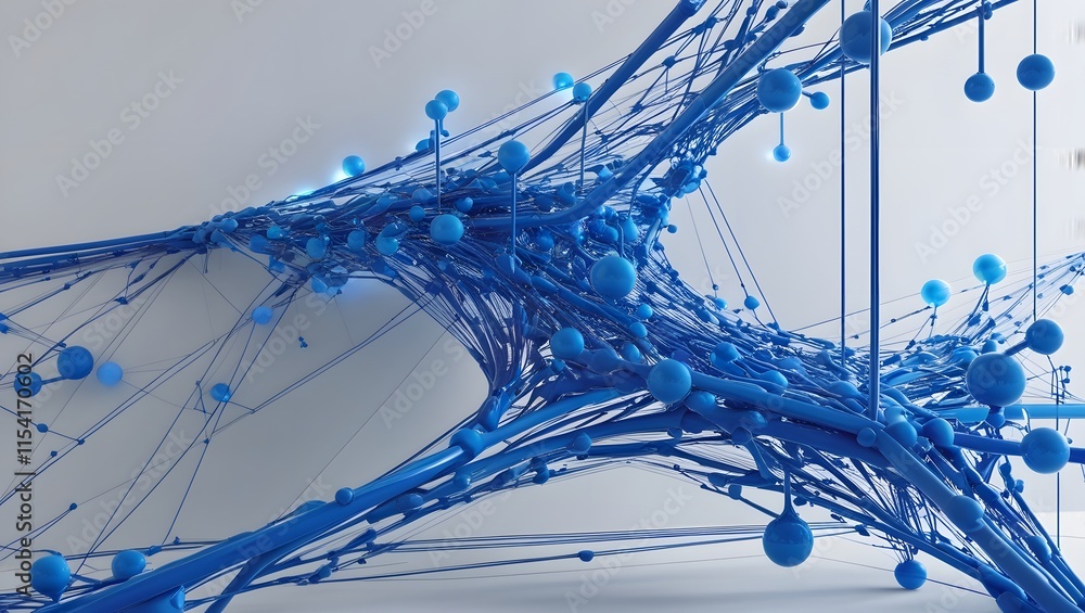 Poster abstract blue network of finely connected lines and dots on a white background, showcasing digital d