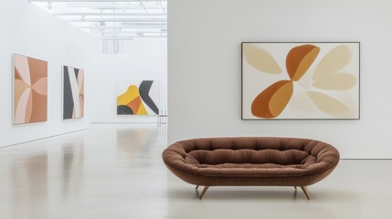 Modern art gallery showcase featuring mocha mousse sofa in contemporary setting with abstract artwork