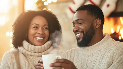 Smiling african american couple relaxing and enjoying a cup of hot cocoa by the fireplace in a cozy Christmas atmosphere