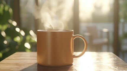 Obraz premium Steaming mocha mousse colored ceramic coffee mug bright indoor setting product warm atmosphere