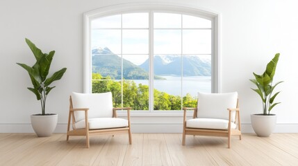 Calm and Inviting Living Room with Scenic View of Mountains and Lush Greenery through Large Window