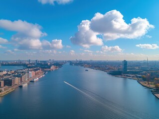 Naklejka premium Aerial View of Serene River and City Skyline Under a Bright Blue Sky