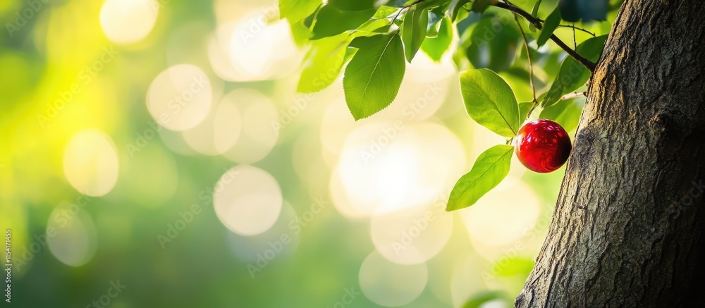 Poster red ornament hanging on a tree branch with lush green leaves and a soft bokeh background ideal for f