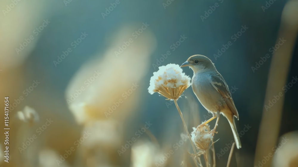 Poster side view of a small house sparrow perched on a dry flower with a soft blurred background capturing 