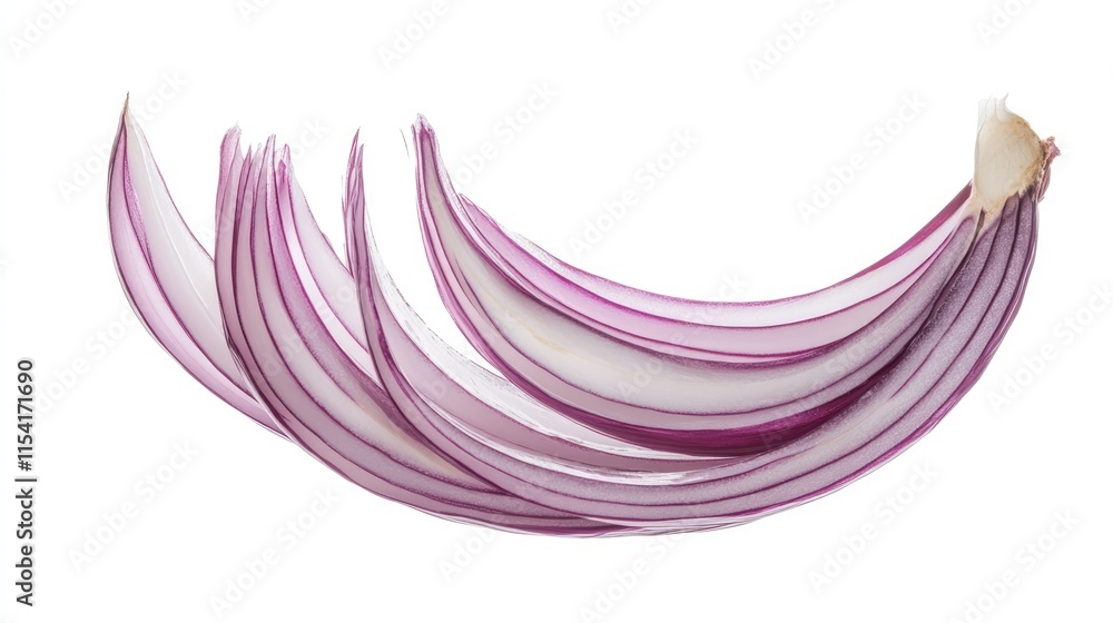 Poster sliced red onion layers arranged artistically on a white background showcasing texture and color for