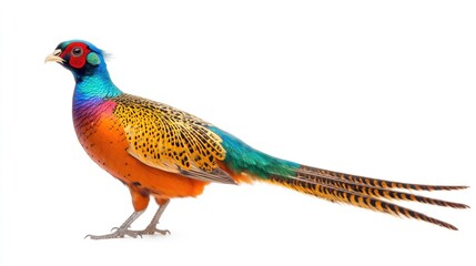 Naklejka premium Vibrant side view of a colorful pheasant showcasing its striking plumage against a clean white background