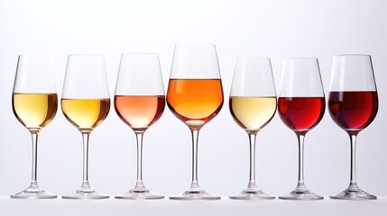 Collection of colorful wine glasses showcasing diverse varieties arranged on a white background for elegant beverage presentations.