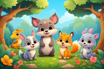cartoon illustration of a family of animals in the forest