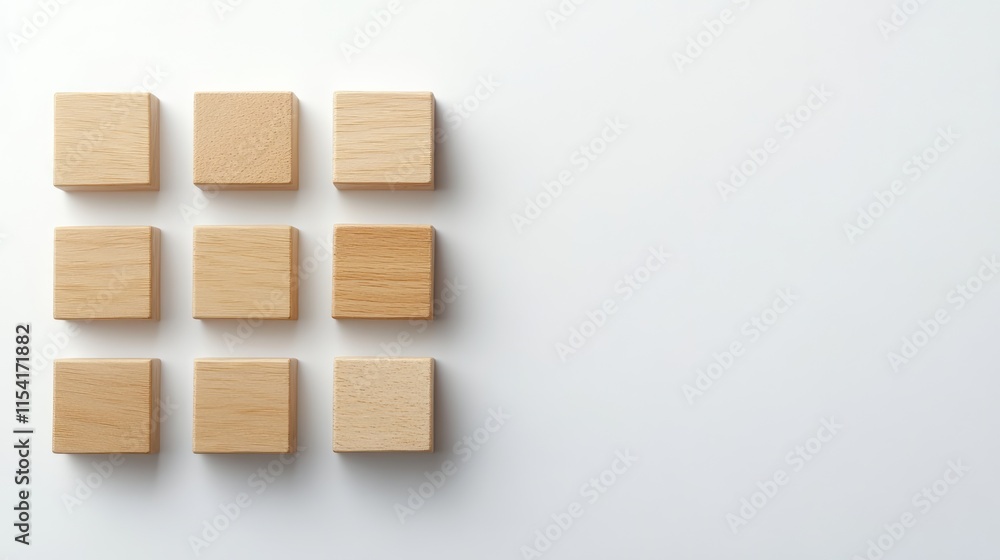 Poster blank wooden blocks arranged in a grid on a minimalist white background for text placement and creat