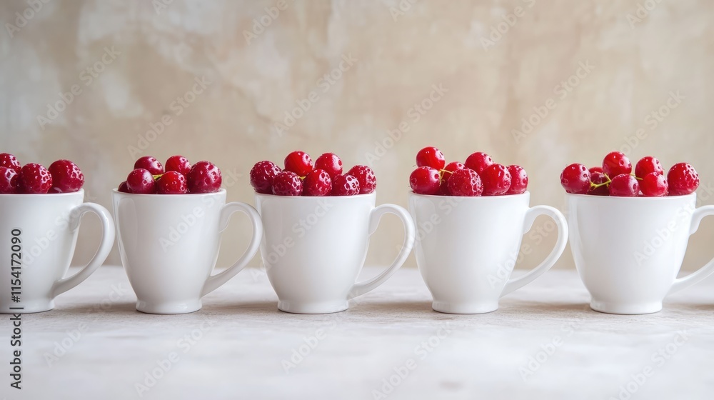 Poster row of white cups overflowing with fresh red berries on a textured background showcasing a vibrant a