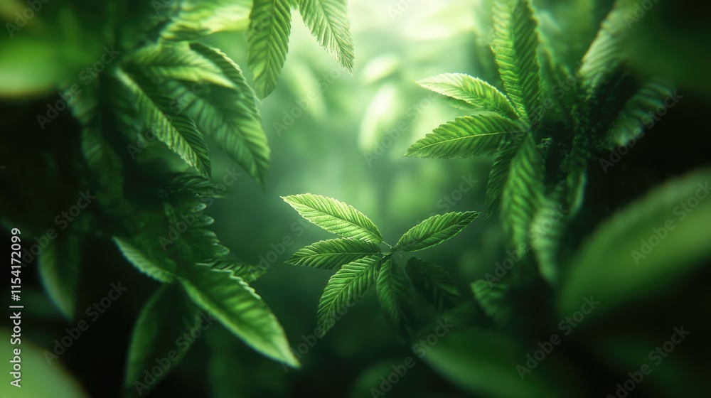 Poster lush green leaves viewed from below creating a serene nature backdrop with a soft focus and beautifu