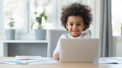 Smiling African American girl sitting at a desk, using a laptop for e-learning, embracing the joys of homeschooling and online education