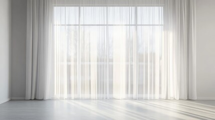 Modern apartment interior featuring large panoramic window adorned with sheer white curtains and soft natural light streaming through.