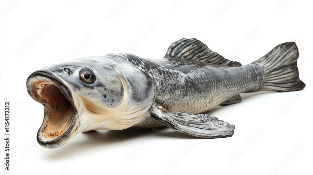 Poster grey koi fish in a side view with mouth open isolated on white background capturing detailed aquatic