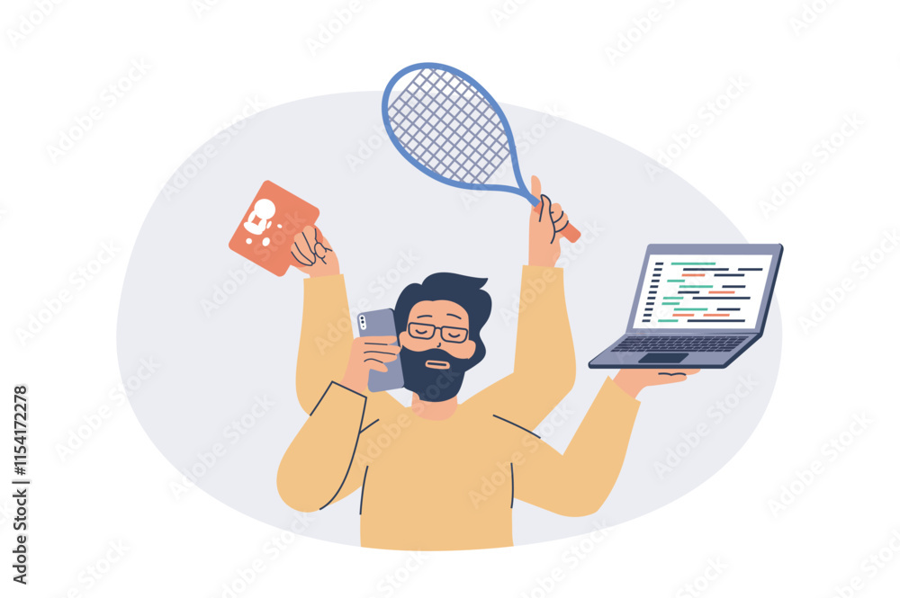 Aufkleber Multitasking web concept with flat cartoon people for website design. Man with many arms doing tasks in office, calling by phone, coding at laptop, playing tennis, drinks coffee. Vector illustration.