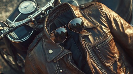 Naklejka premium Vintage motorcycle and leather jacket with aviator sunglasses on seat