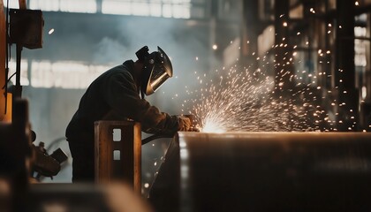 A construction worker welding steel with his protective mask. making sparks inside a factory